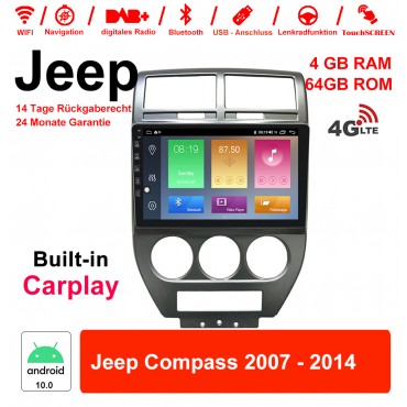 9 Zoll Android 10.0 Autoradio / Multimedia 4GB RAM 64GB ROM Für Jeep Compass 2007 - 2014  Mit WiFi NAVI Bluetooth USB